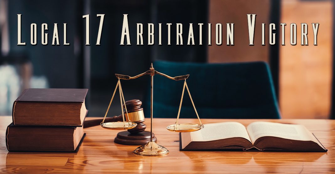 Local-17-Arbitration-Victory Local 17 Arbitration Victory - Picture shows a desk with law books, the scales of justice and a gavel