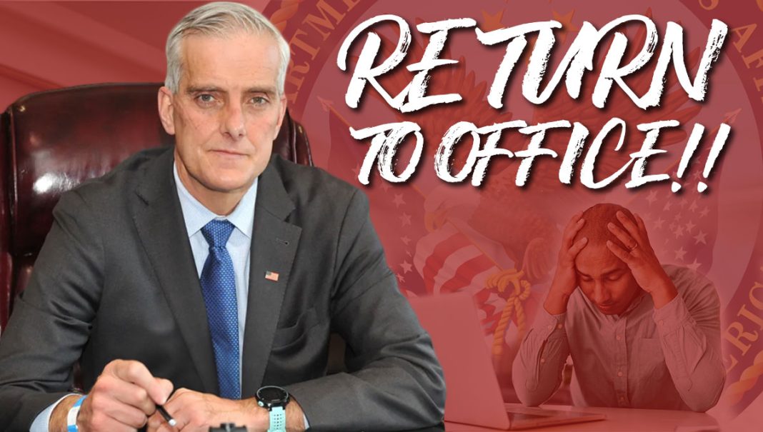 Picture shows Veterans Affairs Secretary Denis McDonough with a red background and a man in the back holding his head in despair with the words 