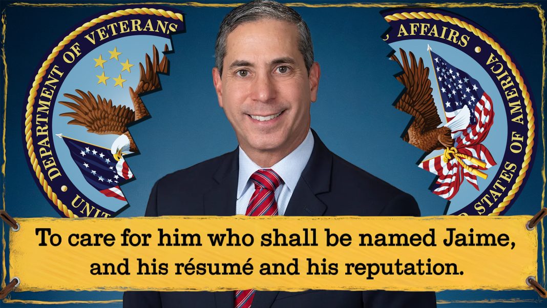 Jaime-Ariezaga-Soto-Broken-Seal Jaime Areizaga-Soto, text reads, "To care for him who shall be named Jaime, and his résumé and his reputation." Picture shows Jaime with a broken VA Seal and a banner.