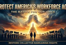 We Have a Rare Chance to Overturn the Executive Order. Don’t Let It Slip Away. Collective Bargaining Rights, Protect America's Workforce Act, A dramatic poster depicting silhouetted protestors and workers marching toward the U.S. Capitol beneath giant glowing clasped hands to support the Protect America's Workforce Act.