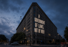 5 Brazen Ways VA Is Defying Collective Bargaining Rights VA Central Office Building at dusk with the John Adams quote 'A Government of Laws, Not of Men' projected on its facade, illustrating the fight for VA collective bargaining rights