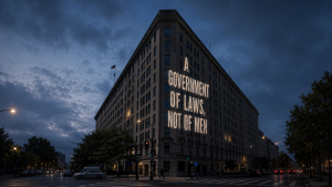 VA Central Office Building at dusk with the John Adams quote 'A Government of Laws, Not of Men' projected on its facade, illustrating the fight for VA collective bargaining rights