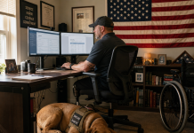 VA Telework Accommodation Crackdown: 4 Illegal Tactics Exposed Disabled Veteran working from home office with service dog, showing an effective VA telework accommodation in practice.