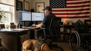 Disabled Veteran working from home office with service dog, showing an effective VA telework accommodation in practice.